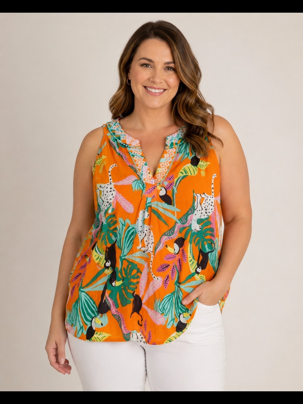 Christian Siriano Orange Tropical Print Sleeveless Top